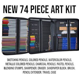 NEW 74 Piece Art Kit Supplies Watercolor Pencils Charcoal Travel Case Colored